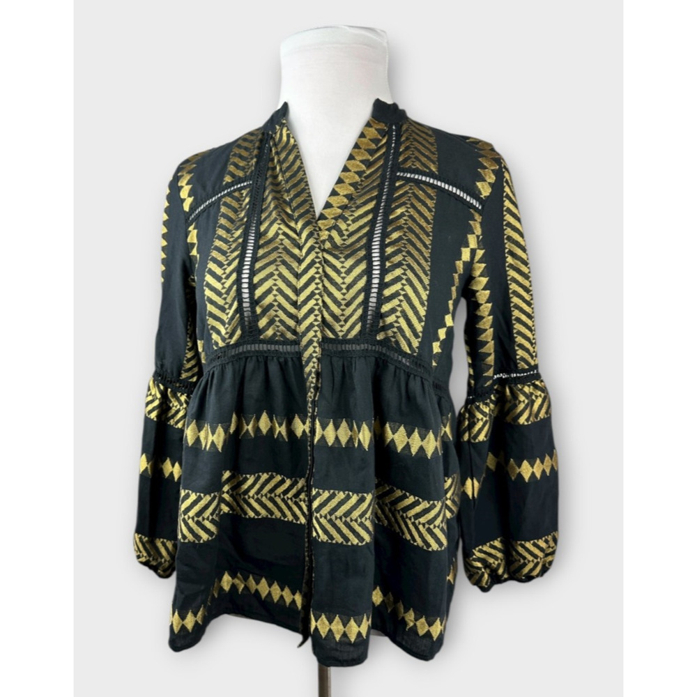 Kasia Blouse Black & Gold Balloon Sleeve Boho Geometric Babydoll Top Size Small - Picture 4 of 13